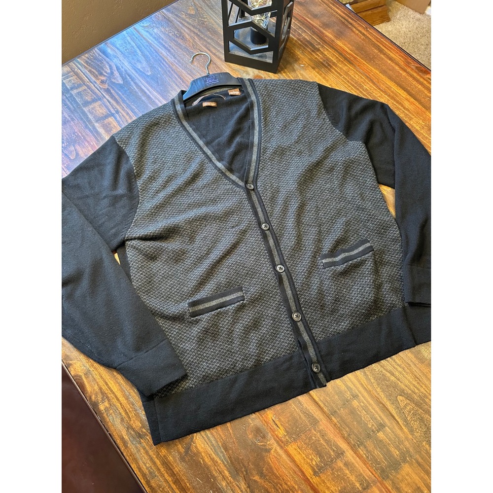 Perry Ellis Sweater Merino‎ Wool Blend Black Cardigan MENS Large